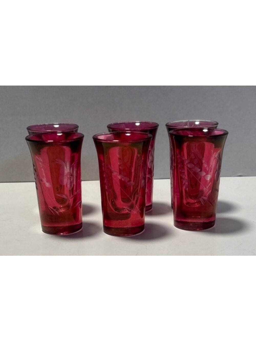 Federal Glass Etched Floral Cranberry Shot Glasses Set Of 6 Vintage 60s